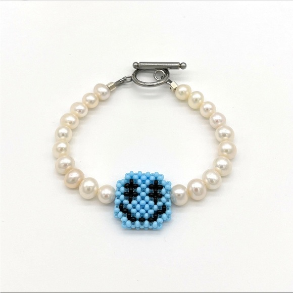 Jewelry - Unisex 7” Pearl “Spread Positivity” Blue Beaded Smiley Harry Styles Bracelet